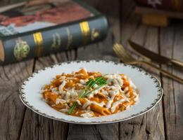 Macarrão Penne rosa massa servido dentro uma prato isolado em de madeira fundo lado Visão do massa foto