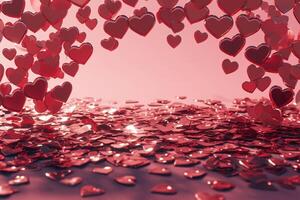 ai gerado romântico evento configuração vermelho corações confete para Casamento convite pano de fundo foto