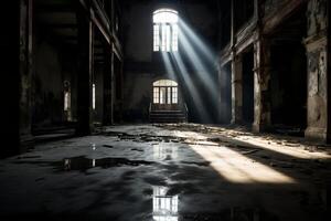 ai gerado dramático contraste do luz e sombra dentro a abandonado prédio. generativo ai foto
