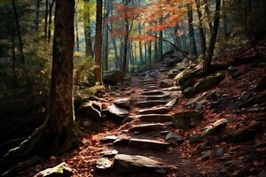 ai gerado a áspero beleza do uma montanha trilha dentro outono. generativo ai foto