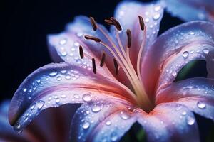 ai gerado uma fechar acima do água gotas em uma flor pétala, capturando a delicado interação do claro. generativo ai foto