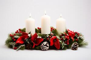 ai gerado Natal feriado mesa peça central com velas e vegetação em uma branco fundo. generativo ai foto
