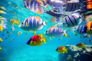 ai gerado uma escola do colorida tropical peixe dentro claro como cristal água. generativo ai foto