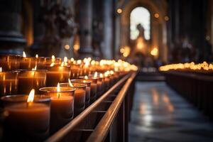 ai gerado a □ Gentil cintilação do velas dentro uma igreja. generativo ai foto