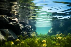 ai gerado a embaixo da agua Visão do aquático plantas próspero dentro uma Claro lago, uma testamento para a benefícios do eficaz água monitoramento. generativo ai foto