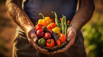 ai gerado agricultores mãos segurando recentemente colhido legumes. generativo ai foto