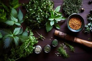 ai gerado ervas e médico plantas estão arranjado em uma de madeira mesa foto