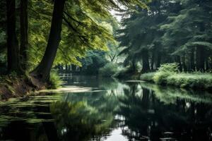 ai gerado calma águas do uma tranquilo lagoa espelhamento a em torno da árvores generativo ai foto