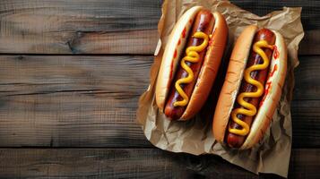 ai gerado dois quente cachorros com mostarda e ketchup em de madeira mesa foto