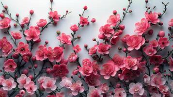 ai gerado Rosa flores em branco parede foto