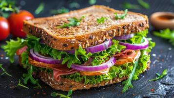 ai gerado fresco sanduíche com alface, tomate, e cebola foto