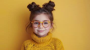 ai gerado pequeno menina com trança dentro frente do amarelo parede foto