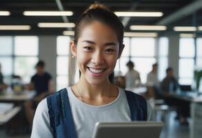 ai gerado ásia mulher estudando com computador portátil, focado dentro uma biblioteca. intelectual e acadêmico ambiente. foto