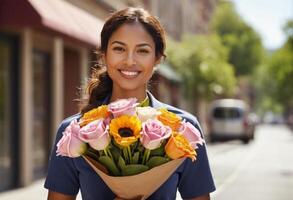 ai gerado uma Entrega pessoa sorrisos enquanto segurando uma lindo ramalhete do fresco flores, provável entregando uma toque do beleza para de alguém dia. foto