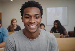 ai gerado uma Deleitado aluna com uma cativante sorrir senta dentro uma sala de aula. dele positivo energia é uma refrescante presença dentro a acadêmico contexto. foto