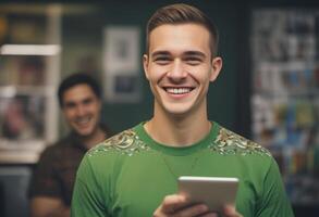 ai gerado sorridente homem com digital almofada, em pé dentro moderno escritório. conectado e eficiente trabalhos ambiente. foto