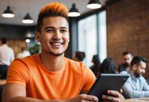 ai gerado uma alegre homem dentro a laranja camisa usa uma digital tábua dentro uma ocupado cafeteria. dele brilhante expressão e casual equipamento transmitir uma relaxado ainda conectado estilo de vida. foto