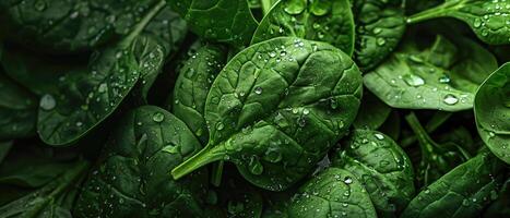 ai gerado uma exuberante verde espinafre folhas com fresco água gotas foto