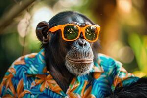 ai gerado uma à moda chimpanzé vestindo laranja oculos de sol e uma vibrante havaiano camisa foto
