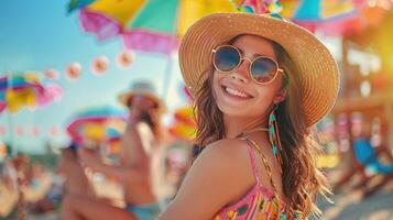 ai gerado uma elegante jovem mulher dentro na moda vestuário impressionante uma pose às uma colorida de praia Festa. foto