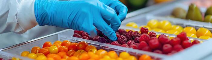 ai gerado uma laboratório técnico dentro luvas preparando colorida fruta amostras dentro uma clínico pesquisa instalação foto