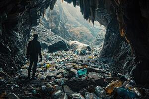 ai gerado uma solitário homem em pé antes uma pilha do plástico desperdício dentro uma natural caverna foto