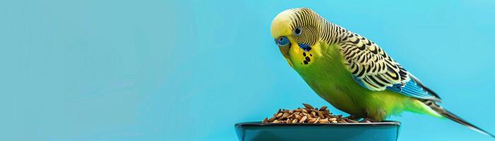 ai gerado uma colorida periquito australiano alegremente comendo a partir de uma tigela cheio do sementes em uma simples azul fundo. foto