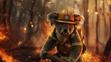 ai gerado uma criativamente editado imagem mostrando uma bravo coala vestido Como uma bombeiro dentro a meio do uma floresta fogo. foto