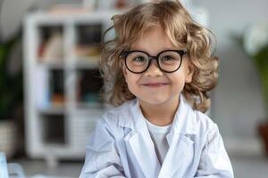 ai gerado uma alegre criança pequena vestido dentro uma branco laboratório casaco e de grandes dimensões óculos foto