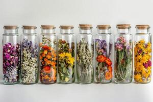 ai gerado a sortido vidro frascos preenchidas com vibrante seco flores ervas foto