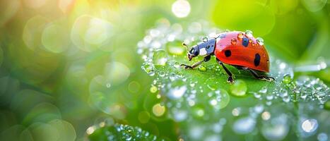 ai gerado uma joaninha explorando a superfície do uma verde folha coberto com fresco manhã orvalho. foto