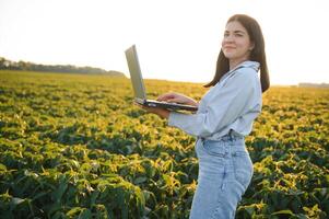 bonita jovem agrônomo segurando tábua e soja sementes dentro mão dentro campo durante colheita estação foto