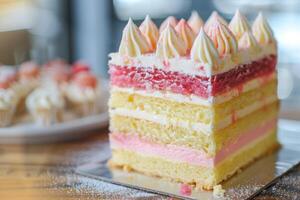 ai gerado em camadas Battenberg bolo fatia com Rosa e amarelo esponja coberto de merengue foto