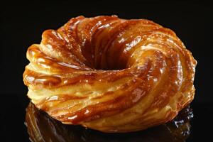 ai gerado envidraçado cruller pastelaria apresentando sobremesa doce lanche com uma rosquinha espiral em uma Preto fundo foto