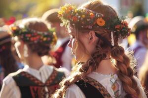 ai gerado oktoberfest dentro Blumenau com mulheres vestindo tradicional festival dirndl e flor coroas foto