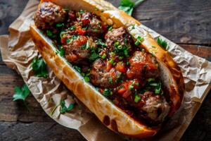 ai gerado almôndega sub sanduíche com marinara molho, queijo, salsinha em torrado baguete foto