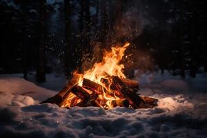ai gerado fogueira dentro uma Nevado floresta às noite foto