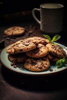 ai gerado irresistível hortelã-pimenta chocolate lasca biscoitos belas apresentado em uma prato foto