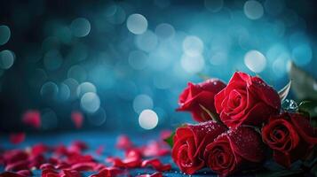 ai gerado arranjo do vermelho rosas com pétalas Próximo para eles em uma azul superfície contra uma bokeh fundo foto