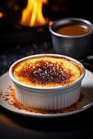 ai gerado uma tentador caseiro creme brulee Está dourado caramelizado topo brilhante debaixo caloroso iluminação foto