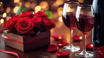 ai gerado dois óculos do vinho com rosa pétalas contra uma bokeh fundo romântico dia dos namorados dia foto