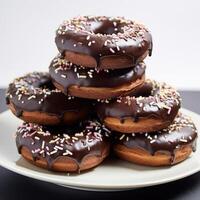 ai gerado Sombrio chocolate rosquinhas com colorida granulados empilhado em uma prato foto