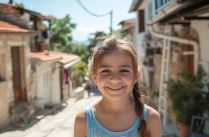 ai gerado sorridente menina em ensolarado rua foto