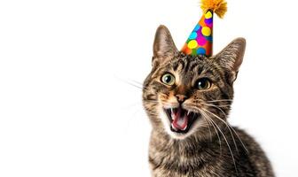 ai gerado feliz gato dentro Diversão festa chapéu. doméstico gatinho com cópia de espaço pano de fundo. lindo animal foto