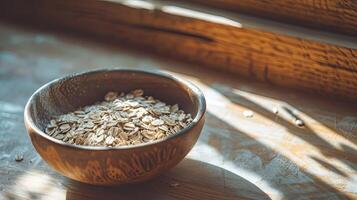 ai gerado aveia e cereais dentro rústico tigela. retro prato com natural Comida. conceito do saudável nutrição, Vila e Naturalidade. ai gerado foto