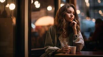 ai gerado retrato do menina dentro cafeteria. bonita jovem mulher sentado às mesa dentro café fazer compras. conceito do juventude, lazer e lazer. ai gerado foto