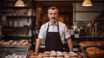 ai gerado proprietário do pequeno padaria. adulto homem carrinhos às contador com pastelaria e pão. pequeno o negócio e trabalhar. mostruário com tortas. ai gerado foto