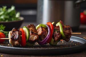 ai gerado fechar acima imagem do Kebab cozinhou dentro a cozinha com cópia de espaço área foto