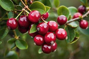 ai gerado amontoar do cranberries em a árvore dentro a campo pronto para colheita com cópia de espaço área foto