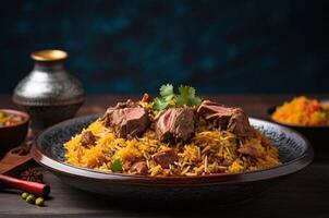 ai gerado Biryani arroz com Cordeiro carne servido em uma prato para jantar e cópia de espaço área foto